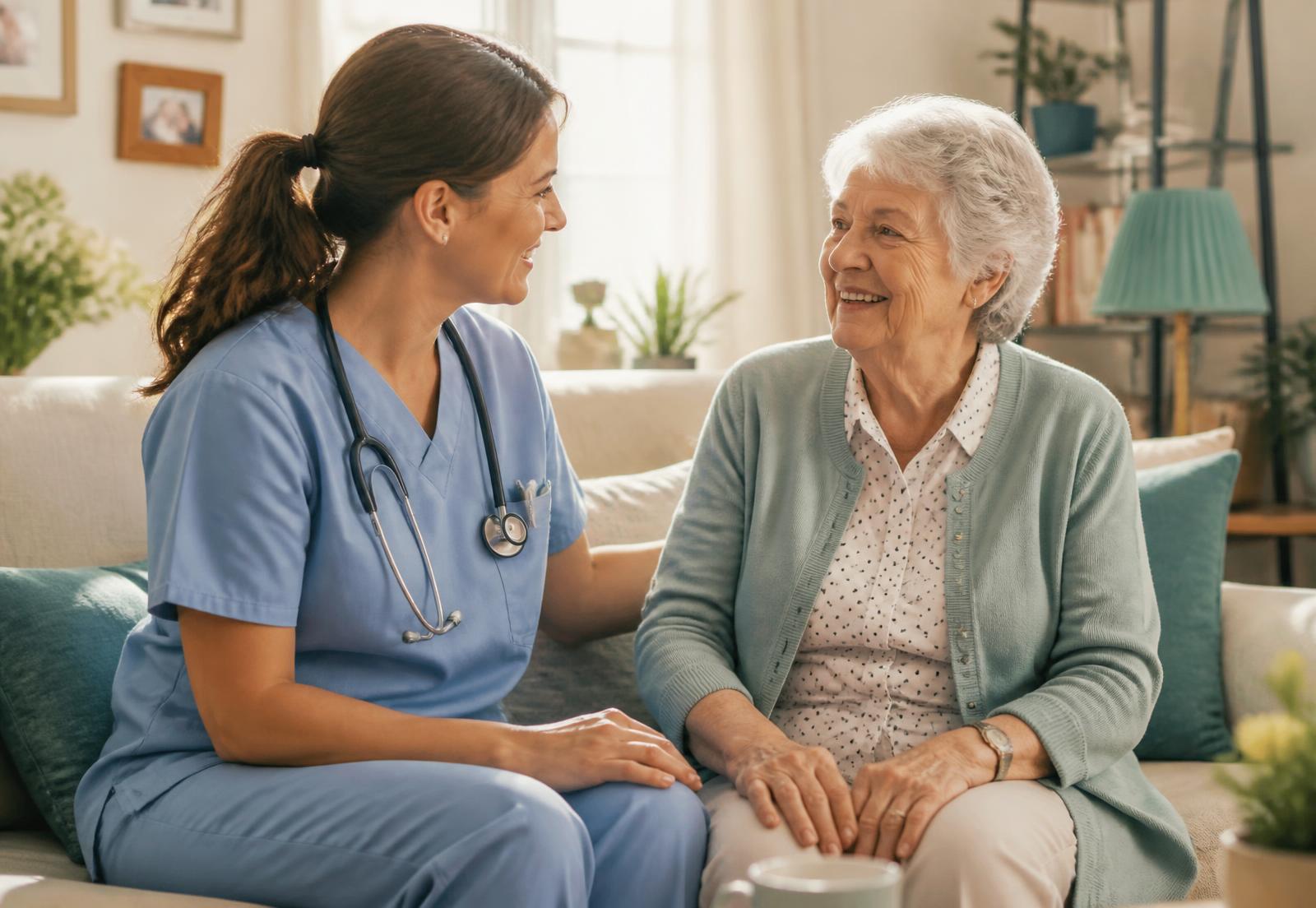 Home health nurse visiting a smiling elderly woman in her living room